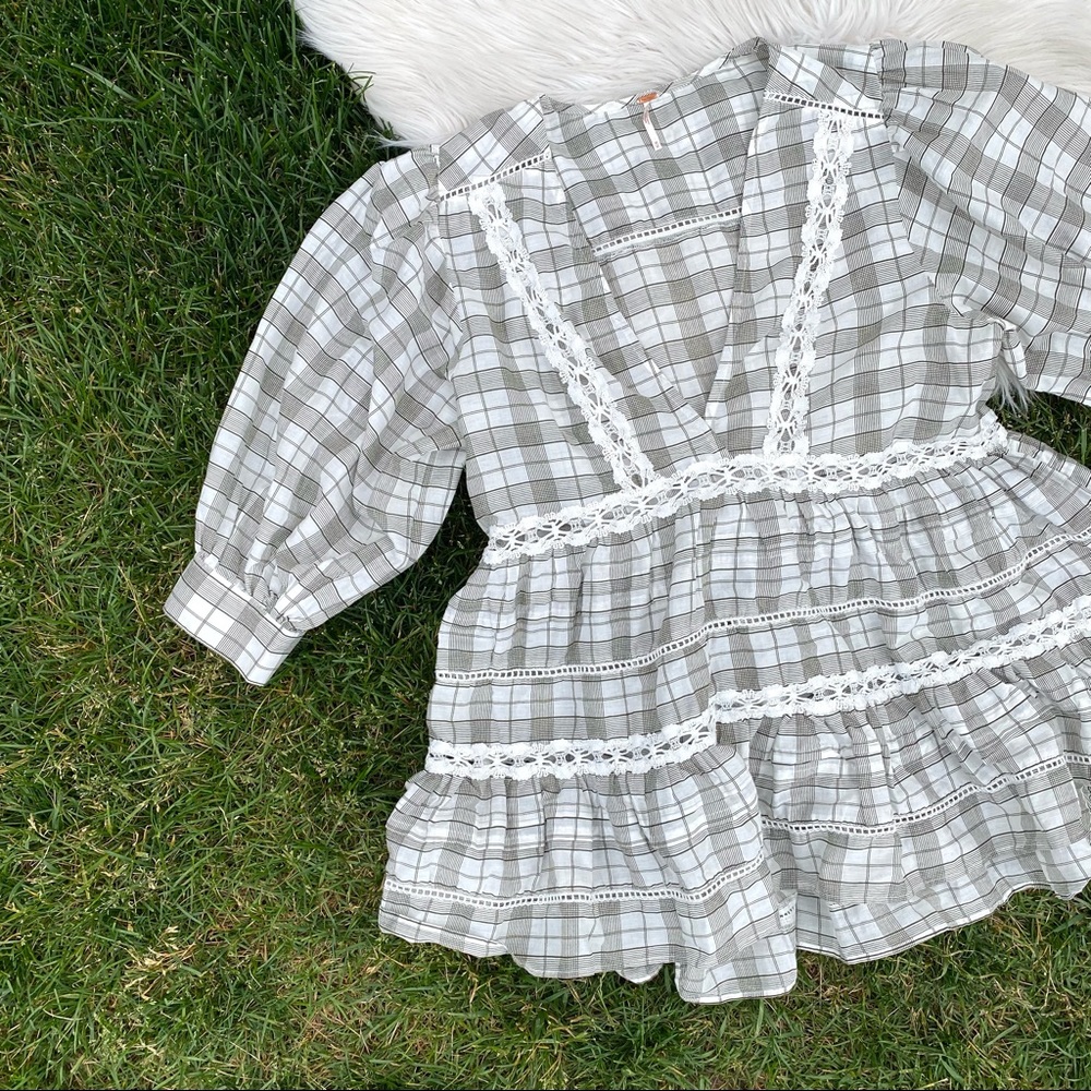 Free People black white Plaid Ruffle Mini Dress tunic medium